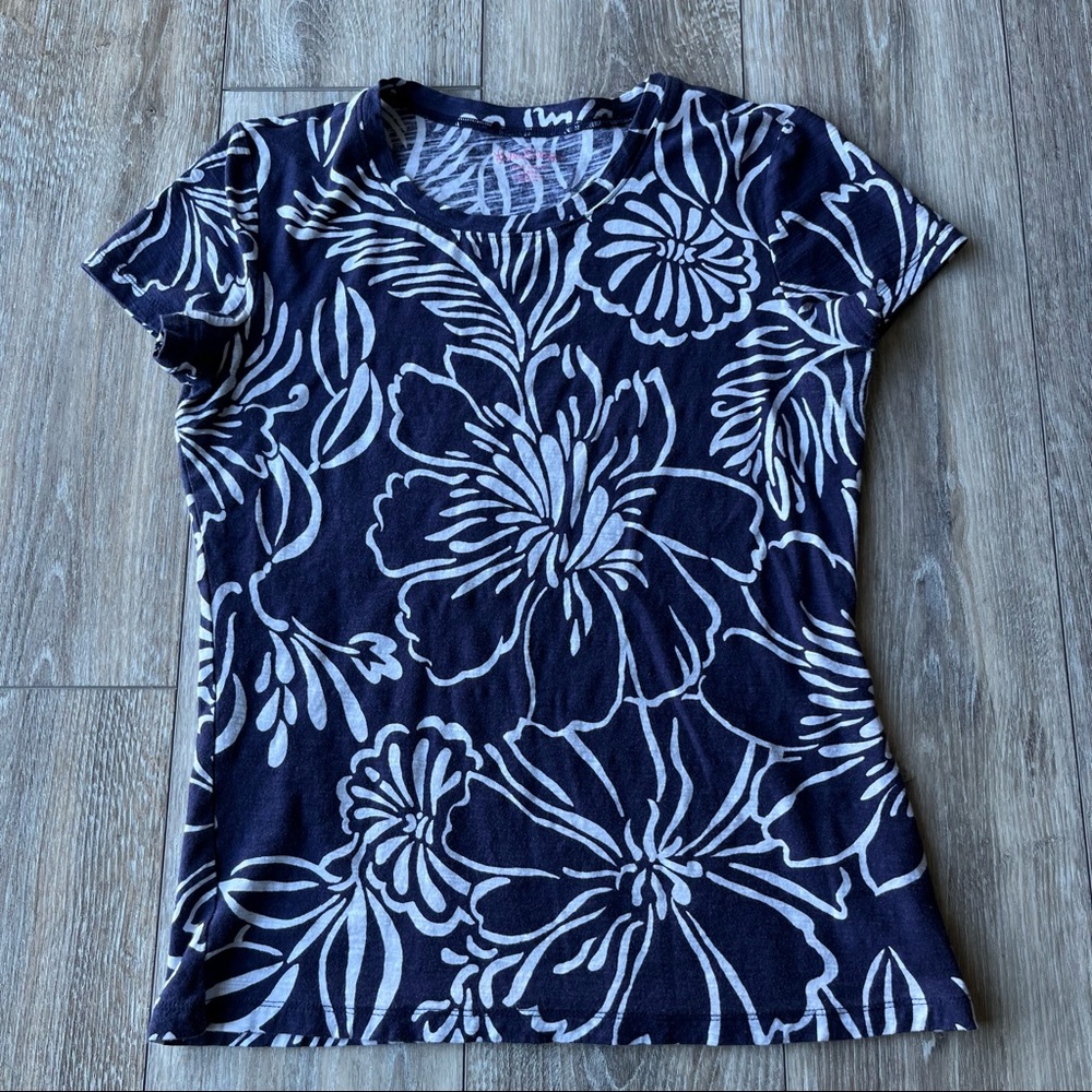 Lilly Pulitzer Lexie Crewneck T-shirt Navy White Floral Print Size Large